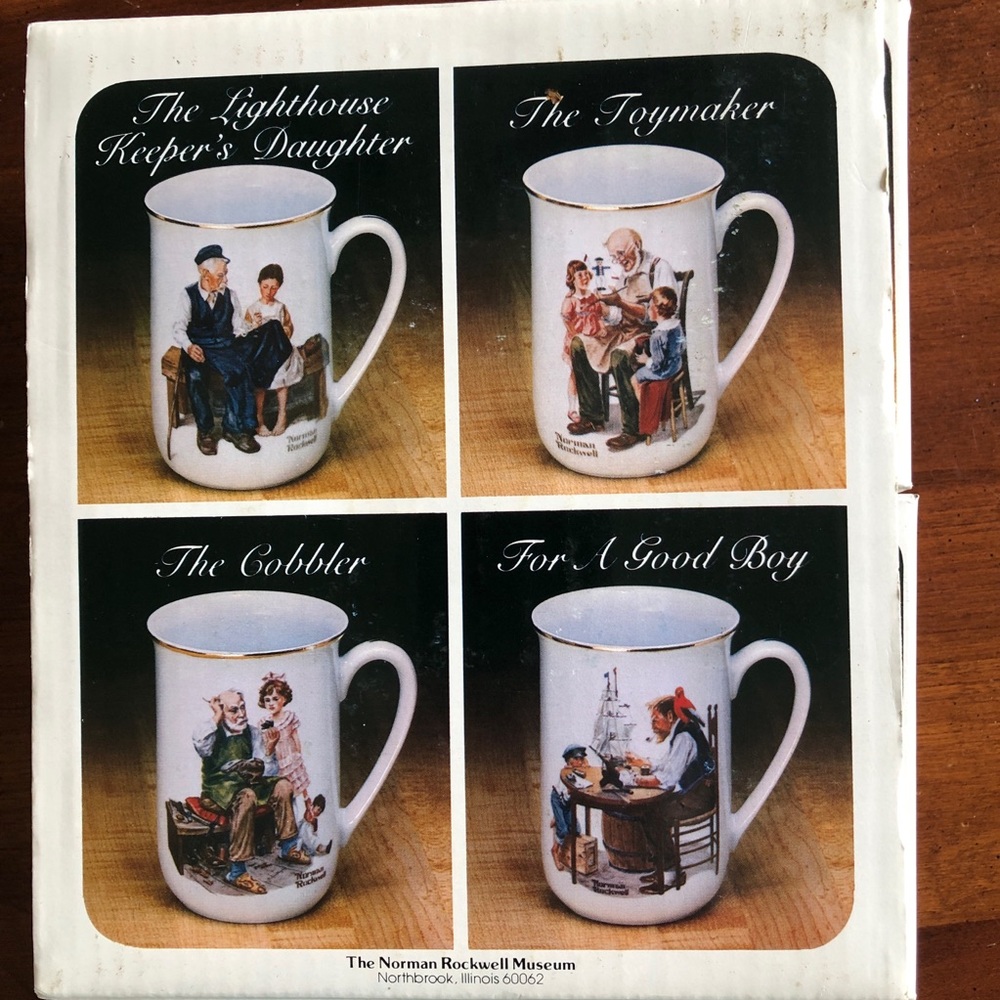 Norman Rockwell Museum Set • 4 VTG Collector Coffee Mugs • 24 Karat Gold Trim